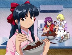 3girls apron baking blonde_hair blue_hair bow braid breasts brown_eyes chinese_clothes chocolate clenched_hands game_cg green_eyes hair_ribbon japanese_clothes kitchen long_hair looking_at_viewer maria_tachibana medium_breasts multiple_girls nervous open_mouth ponytail red_bow ri_kouran ribbon sakura_taisen sega shinguuji_sakura short_hair smile twin_braids