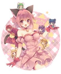 6+girls ahoge aizawa_mint akai_ringo_(tokyo_mew_mew) animal_ears antenna_hair apple arm_garter bare_shoulders bell blonde_hair blue_eyes blue_hair blush bow breasts brown_eyes brown_hair cat_ears cat_tail chibi choker circle cleavage closed_eyes collarbone copyright_name double_bun dress facing_viewer fang female_focus fong_pudding food frilled_thigh_strap fruit fujiwara_zakuro gloves green_eyes green_hair hair_bow hair_bun holding holding_food horns jewelry large_breasts looking_at_another looking_at_viewer magical_girl mew_berry mew_ichigo mew_lettuce mew_mint mew_pudding mew_ringo mew_zakuro midorikawa_lettuce momomiya_ichigo multiple_girls off-shoulder_dress off_shoulder open_mouth outside_border pendant purple_eyes purple_hair rabbit_ears red_bow red_dress red_eyes red_gloves red_hair rento_(rukeai) shirayuki_berry short_hair smile tail tail_bell tail_bow tail_ornament thigh_strap tokyo_mew_mew tokyo_mew_mew_a_la_mode twitter_username white_background