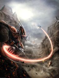 1girl armor artarrwen battle clenched_hand dust energy_whip glowing glowing_eyes grineer gun highres outdoors red_eyes sparks staff valkyr_(warframe) warframe weapon