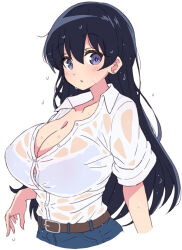 Rule 34 | 1girl, arato nagi, belt, black hair, blue pants, bra visible through clothes, breasts, brown belt, button gap, collared shirt, commentary request, denim, highres, jeans, large breasts, long hair, looking at viewer, mel (melty pot), pants, purple eyes, ruri no houseki, shirt, short sleeves, simple background, solo, wet, wet clothes, wet shirt, white background
