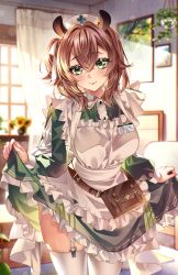 Rule 34 | 1girl, animal ears, apron, blurry, blurry background, breasts, brown hair, center frills, closed mouth, collared dress, commentary, contrast collar, cowboy shot, crossed bangs, day, double-parted bangs, dress, english commentary, frilled apron, frilled dress, frills, garter straps, green dress, green eyes, hair between eyes, hair ribbon, hat, highres, indie virtual youtuber, indoors, kira yukishiro, lace, lace-trimmed thighhighs, lace trim, large breasts, long sleeves, looking at viewer, name tag, nimi nightmare, nimi nightmare (1st costume), nurse cap, one side up, ribbon, round collar, short hair, skirt hold, sleeve cuffs, smile, solo, tapir ears, thighhighs, virtual youtuber, white apron, white hat, white ribbon, white thighhighs