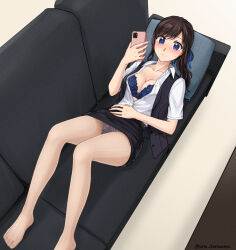 1girl black_hair blue_bra blue_ribbon bra bra_peek breasts cellphone cleavage collarbone collared_shirt commentary_request commission couch from_above hair_ribbon head_on_pillow highres holding holding_phone large_breasts legs long_hair lying on_back on_couch original panties pantyshot phone pillow pixiv_commission ribbon setu_kurokawa shirt short_sleeves smartphone solo thighs underwear variant_set white_shirt