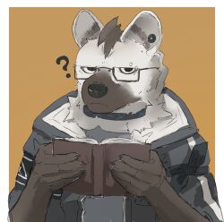 1boy ? arknights black_hair black_jacket book claws closed_mouth commentary_request ear_piercing eyebrow_piercing face_piercing furry furry_male glasses grey_fur grey_shirt highres holding holding_book hood hood_down hooded_jacket hyena_boy hyena_ears infection_monitor_(arknights) jacket looking_at_viewer open_book piercing shirt spot_(arknights) w_a_t_e_r_b_e_d