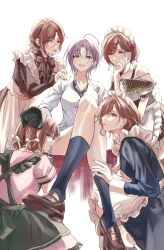 6+girls absurdres apron asakura_toru black_apron black_dress black_hat black_nails black_necktie black_socks blue_hair bow brown_hair brown_shoes clone_harem collared_shirt commentary_request dress ear_piercing frilled_apron frills gradient_hair grin hair_bow hair_ornament hand_on_another&#039;s_face hand_on_another&#039;s_shoulder harem hat highres higuchi_madoka idolmaster idolmaster_shiny_colors kneehighs loafers long_sleeves looking_at_another maid maid_apron maid_headdress mole mole_under_eye monocle multicolored_hair multiple_girls multiple_persona necktie off-shoulder_dress off_shoulder parted_lips piercing pink_bow pink_eyes pink_shirt purple_hair school_uniform shirt shoes short_hair short_sleeves short_twintails simple_background sitting smile socks sushizanmai_(sorahaaoi7) twintails white_apron white_background white_dress white_shirt x_hair_ornament yuri