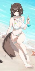1girl absurdres animal_ears arknights barefoot beach bikini blush breasts brown_eyes brown_hair cleavage feet happy05x highres looking_at_viewer medium_hair roberta_(arknights) smile starfish swimsuit tail toes