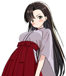 1girl black_hair blush breasts brown_eyes girls_und_panzer gohei hakama hakama_skirt highres hikari_(hikaring3120) japanese_clothes long_hair medium_breasts nishi_kinuyo red_hakama simple_background skirt solo standing white_background