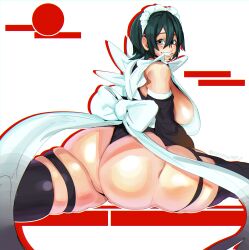 1girl absurdres alternate_breast_size ass black_hair black_leotard black_thighhighs blush breasts butt_crack cashumeru curvy flexible green_hair grin highleg highleg_leotard highres huge_ass huge_breasts iroha_(samurai_spirits) legs_apart leotard light_blush maid maid_headdress narrow_waist revealing_clothes samurai_spirits shiny_skin sideboob simple_background skin_tight skindentation smile solo standing thighhighs thong_leotard two-tone_background unconventional_maid white_background wide_hips