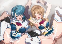 2girls 3boys aizawa_kazuha armpits arms_behind_back arms_up ascot assault_lily assisted_rape asymmetrical_hair asymmetrical_sleeves bdsm blue_dress blue_eyes blue_hair bondage boots border bound bound_legs breasts breasts_apart brown_hair censored cleavage closed_eyes clothed_sex commentary_request commission detached_sleeves dress elbow_gloves feather_hair_ornament feathers feet_out_of_frame female_ejaculation frilled_dress frills gloves group_sex hair_ornament hand_on_another&#039;s_leg hetero holding_another&#039;s_wrist iijima_renka long_hair long_sleeves low_side_ponytail lower_teeth_only lying medium_breasts medium_hair mosaic_censoring mototenn multiple_boys multiple_girls no_panties official_alternate_costume on_back on_ground open_mouth orgy outdoors penis pussy raised_eyebrows rape red_ascot sex shadow short_dress shrug_(clothing) side-by-side skeb_commission sleeves_past_wrists spread_legs strapless strapless_dress sweat tape teeth thigh_boots two-tone_dress vaginal white_boots white_border white_dress white_shrug