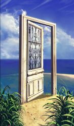 blue_background blue_sky commentary day door fate/grand_order fate_(series) horizon lasengle nature no_humans ocean official_art outdoors plant scenery sky still_life third-party_source
