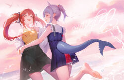 Rule 34 | 2girls, animal ears, barefoot, black skirt, blue dress, cat ears, closed eyes, commentary, dress, fins, fish tail, gawr gura, gawr gura (casual), grey hair, hololive, hololive english, houshou marine, ikkia, jacket, multiple girls, ocean, off shoulder, open mouth, outdoors, ponytail, red hair, shark tail, sharp teeth, shinkiro (hololive), shirt, short dress, short hair, short ponytail, skirt, smile, standing, standing on one leg, tail, teeth, twintails, virtual youtuber, white jacket, yellow shirt