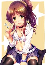 1girl alternate_costume belt black_thighhighs blush breasts brown_eyes brown_hair choker front-tie_shirt front-tie_top idolmaster idolmaster_cinderella_girls jewelry long_hair looking_at_viewer ment midriff navel open_mouth pleated_skirt ponytail ring shirt sitting skirt small_breasts solo star_(symbol) star_symbol_background takamori_aiko thighhighs tied_shirt v wariza zettai_ryouiki