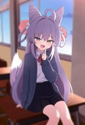 1girl :3 bike_shorts cone_hair_bun fang fox_tail hair_bun hair_ornament hair_rings heterochromia highres nanju_bami open_mouth pom_pom_(clothes) pom_pom_hair_ornament purple_hair purple_tail school_uniform shirt skirt sleeves_past_wrists smug solo stellive tail tenko_shibuki two-tone_tail virtual_youtuber white_hair white_shirt