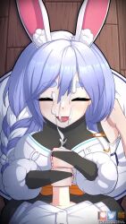 1boy 1girl animal_ear_fluff animal_ears animated black_bodysuit blue_hair blush bodysuit braid breasts commentary cum cum_in_mouth cum_on_body cum_on_breasts cum_on_clothes cum_on_hair cum_on_tongue cum_on_upper_body detached_sleeves dress ejaculation english_commentary erection evil_trevo facial gloved_handjob gloves handjob heart heart-shaped_pupils hetero highres hololive large_breasts long_hair looking_at_viewer mature_female multicolored_hair open_mouth pekomama penis pov rabbit-shaped_pupils rabbit_ears rabbit_girl short_eyebrows smile solo_focus streaked_hair symbol-shaped_pupils tagme tongue two-handed_handjob uncensored video virtual_youtuber white_dress white_hair white_sleeves
