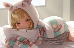 1girl animal_hood blonde_hair blue_jacket blush bow closed_mouth commentary crossed_arms dark-skinned_female dark_elf dark_skin dress elf eyelashes feet_out_of_frame grey_dress half-closed_eyes highres hololive hood hood_up hugging_object indoors jacket looking_at_viewer lying morning multicolored_hair multicolored_jacket official_alternate_costume on_bed on_stomach pillow pillow_hug pink_bow pointy_ears rabbit_hood red_eyes roridaitouryou shiranui_flare shiranui_flare_(loungewear) sleeves_past_wrists smile solo streaked_hair sunlight two-tone_hair two-tone_jacket virtual_youtuber white_hair white_jacket