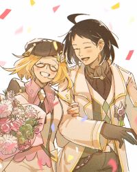 Rule 34 | 1boy, 1girl, :d, ahoge, bianca (champion) (pokemon), bianca (pokemon), black hair, blonde hair, blush, bouquet, cheren (champion) (pokemon), cheren (pokemon), closed eyes, coat, confetti, eyelashes, flower, glasses, gloves, grin, happy, hat, highres, holding another&#039;s arm, miiyokoe, nintendo, official alternate costume, open clothes, open coat, open mouth, pants, pokemon, pokemon masters ex, semi-rimless eyewear, short hair, smile, teeth, vest, white background