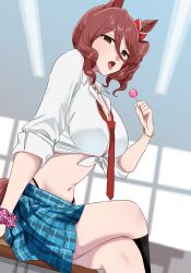1girl absurdres animal_ears blue_skirt breasts brown_hair candy commentary_request crossed_legs food gyaru highres holding holding_candy holding_food holding_lollipop horse_ears horse_girl horse_tail large_breasts lollipop looking_at_viewer midriff navel necktie nitsutomeo_shinobu norn_ace open_mouth plaid_clothes plaid_skirt red_necktie shirt short_hair skirt solo tail tied_shirt tongue tongue_out umamusume umamusume:_cinderella_gray