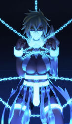 1girl blackjacke7 bleach bleach:_sennen_kessen-hen blonde_hair breasts chain chained chained_cuffs chained_legs chained_wrists colored_eyelashes dark-skinned_female dark_skin espada facial_mark female_focus gagged green_eyes large_breasts medium_hair simple_background textless_version tier_harribel variant_set