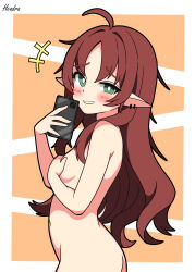 +++ 1girl absurdres ahoge arknights artist_name blush breasts cellphone commentary_request completely_nude covering_breasts covering_privates earrings from_side green_eyes hendra highres holding holding_phone jewelry long_hair looking_at_viewer mirror_selfie myrtle_(arknights) navel nude orange_background parted_lips phone pointy_ears red_hair selfie signature simple_background small_breasts smartphone smile solo