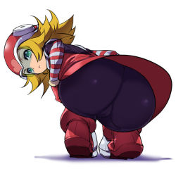 00s 1girl :&lt; akaga_hirotaka ass bent_over blonde_hair boots capcom female_focus green_eyes harp_note_(mega_man) heart helmet looking_back mega_man_(series) mega_man_star_force_(series) pantyhose short_hair skin_tight solo sonia_strumm_(mega_man) squatting striped upskirt visor