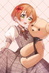 1girl :3 blush bow brown_dress commentary_request dress hair_bow highres hoshizora_rin looking_at_viewer love_live! love_live!_school_idol_project open_mouth orange_hair osono_(osonokichi) plaid_clothes plaid_dress puffy_short_sleeves puffy_sleeves red_bow short_hair short_sleeves skirt_hold smile solo stuffed_animal stuffed_toy teddy_bear yellow_eyes