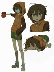 1boy blush brown_eyes brown_hair closed_mouth debakshotgun0 green_shorts gwak_jun-hyeong hair_between_eyes highres holding hood hood_up hoodie long_sleeves looking_at_viewer multiple_boys open_mouth orange_hoodie shoes short_hair shorts simple_background smile sneakers socks white_background white_socks zombie_high_school