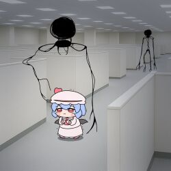 1girl ascot backrooms_(creepypasta) bacteria bacteria_(backrooms) bat_wings blue_hair commentary_request crying hair_between_eyes hat hat_ribbon highres liminal_space mob_cap pink_hat pink_shirt pink_skirt red_ascot red_eyes red_ribbon remilia_scarlet ribbon scared shirt short_hair skirt skirt_set solo tears touhou wings y75zei