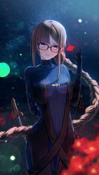 Rule 34 | 1girl, absurdres, aomaru (shta-chu-jisuiai), arm strap, black dress, black gloves, blue dress, blush, braid, braided ponytail, breasts, brown eyes, brown hair, center opening, dress, earrings, elbow gloves, fate/grand order, fate (series), flower, glasses, gloves, grey dress, highres, jewelry, layered dress, long hair, long sleeves, medium breasts, multiple earrings, night, night sky, ribbed dress, ribbon-trimmed dress, ribbon trim, single braid, sky, smile, solo, sword, very long hair, weapon, yu mei-ren (fate), yu mei-ren (first ascension) (fate)