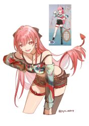 1girl bare_shoulders belt collarbone crop_top demon_tail earrings hand_on_own_hip jewelry leaning_forward long_hair long_sleeves looking_at_viewer midriff momoi_airi off-shoulder_shirt off_shoulder open_mouth pink_hair project_sekai red_eyes reference_inset shirt short_shorts shorts simple_background single_thighhigh smile solo tail thigh_strap thighhighs twitter_username very_long_hair white_background yu_(yuyu)