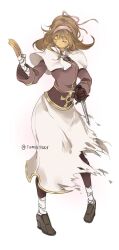 acolyte_(ragnarok_online) assassin_(ragnarok_online) black_shoes breasts brown_gloves brown_hair brown_pantyhose brown_shirt capelet dagger fumiddition fusion gloves hairband hand_wraps highres holding holding_dagger holding_knife holding_weapon knife long_sleeves medium_breasts pantyhose pink_hairband ragnarok_online reverse_grip shirt shoes skirt torn_clothes torn_skirt weapon white_capelet white_skirt