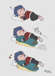 1boy blue_hair blush closed_eyes cuddling ethan_(pokemon) full_body gen_2_pokemon holding jacket konpei_(konpeito_210) lying male_focus motion_lines nintendo on_side open_mouth pants pillow pokemon pokemon_(creature) pokemon_hgss quilava scratching_chin signature sleeping smile speed_lines translation_request twitter_username
