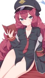 1girl absurdres armband black_hat black_shirt blue_archive blush book breasts enru female_focus grey_eyes grin halo hat highres holding holding_book iroha_(blue_archive) jacket jacket_partially_removed loli long_hair looking_at_viewer loose_necktie medium_breasts military_hat military_jacket necktie no_panties no_pants off_shoulder peaked_cap red_armband red_hair red_necktie safety_pin shirt simple_background smile solo wavy_hair white_background