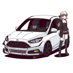 1girl artoria_pendragon_(fate) belt black_boots black_bow black_jacket black_shirt black_shorts blonde_hair boots bow car closed_mouth fate/grand_order fate_(series) ford ford_focus_st hair_bow hand_in_pocket jacket jestami knee_boots looking_at_viewer medium_hair motor_vehicle open_clothes open_jacket pale_skin ponytail saber_alter saber_alter_(ver._shinjuku_1999) saber_alter_(ver._shinjuku_1999)_(fate) shirt shorts signature solo vehicle_focus white_belt yellow_eyes