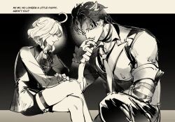 1boy 1girl ahoge closed_mouth collared_shirt commentary couple crossed_legs english_commentary english_text formal_clothes frilled_sleeves frills from_side furina_(genshin_impact) genshin_impact hands_up hetero holding_hands kiss kissing_hand kneeling light_smile long_sleeves looking_at_another monochrome muscular muscular_male necktie pants parted_bangs shirt short_hair shorts sitting sleeves_rolled_up suit thigh_strap thighs tinka_tiranor wriothesley_(genshin_impact)