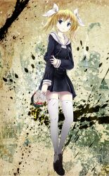 1girl arimura_hinae blonde_hair blood blood_on_arm blood_on_clothes blood_on_leg blue_eyes bow breasts chaos;child chest_bow clenched_teeth collarbone cropped_jacket cry-planet dress dress_vest full_body hair_between_eyes hair_bow hair_ribbon hekiho_academy hekiho_academy_school_uniform highres holding holding_own_arm hood jacket loafers long_hair long_sleeves medium_breasts miniskirt multiple_hair_bows parted_lips ribbon school_emblem school_uniform shoes skirt solo sumo_sticker_(chaos;child) teeth thick_thighs thighhighs thighs twintails white_hood white_thighhighs zettai_ryouiki
