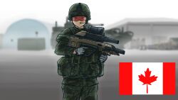 1other assault_rifle autocannon bulletproof_vest bullpup canada canadian_flag cannon chain_gun colt&#039;s_manufacturing_company colt_canada_sipes_smart_gun computerized_scope flag gloves goggles grenade_launcher gun hangar helmet infantry_fighting_vehicle lav_iii light_armored_vehicle looking_at_viewer m242_bushmaster microphone military military_uniform multi-weapon natsukaze_shigure outdoors precision-guided_firearm rifle smart_scope soldier_integrated_precision_effects_systems_(military_program) underbarrel_assault_rifle underbarrel_rifle weapon