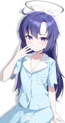 Rule 34 | 1girl, absurdres, blue archive, blue pajamas, bow hairband, breasts, cleavage, hairband, halo, highres, jei (user tckk7448), looking at viewer, official alternate costume, official alternate hairstyle, pajamas, purple eyes, purple hair, simple background, solo, white background, yuuka (blue archive), yuuka (pajamas) (blue archive)
