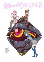 3girls alternate_costume anniversary ass blue_gloves blue_thighhighs breasts closed_mouth dated full_body gloves green_hair highres kabashima_yousuke kannagi_itsuki kawai_honoka leopard_(sorakake) long_hair looking_at_viewer multiple_girls open_mouth pink_hair shishidou_akiha short_hair signature simple_background skirt smile sora_wo_kakeru_shoujo thighhighs white_background