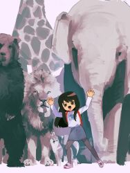 1girl absurdres arms_up backpack bag bear black_eyes black_hair black_pantyhose blue_skirt child claw_pose denim denim_skirt dog elephant giraffe highres jitome leaning_to_the_side lion long_hair long_sleeves looking_at_viewer open_mouth original pantyhose pink_shoes shiba_inu shoes skirt smile sneakers solo sweater sweater_tucked_in v-shaped_eyebrows white_sweater wide_shot yashi-iro