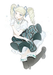 Rule 34 | 1girl, absurdres, aikatsu!, aikatsu! (series), aqua bow, aqua skirt, ascot, black shoes, black thighhighs, blonde hair, blue brooch, blue eyes, blue ribbon, blunt bangs, bow, bow legwear, brooch, buttons, circle skirt, collared shirt, commentary request, cross-laced clothes, cross-laced skirt, drill hair, fingerless gloves, floating clothes, frilled skirt, frilled thigh strap, frills, full body, gloves, hair ribbon, high-waist skirt, highres, idol, jewelry, jumping, layered skirt, loafers, long hair, miniskirt, morgue (southsakura), open mouth, plaid clothes, plaid skirt, puffy short sleeves, puffy sleeves, ribbon, ribbon-trimmed thighhighs, ribbon trim, shirt, shoes, short sleeves, simple background, skirt, smile, solo, star (symbol), thigh strap, thighhighs, todo yurika, twin drills, twintails, white ascot, white background, white gloves, white shirt