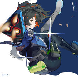 1girl absurdres black_hair blue_jacket bullet gohanduck gun hair_between_eyes hairband high-waist_pants highres holding holding_gun holding_weapon jacket looking_at_viewer metal_hairband multicolored_hair open_clothes open_jacket pants police police_uniform policewoman ponytail red_eyes red_streaks streaked_hair tight_clothes tight_pants weapon zenless_zone_zero zhu_yuan