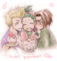 Rule 34 | 1girl, 2boys, blonde hair, blush, chipped tooth, cupcake, flower, food, green hair, green kimono, happy birthday, holding, holding flower, holding mask, japanese clothes, kimono, maccha (daydream), mask, multiple boys, pink kimono, purple kimono, samurai usagi, settsu masayuki, short hair, smile, spiked hair, udogawa gosuke, udogawa shino, upper body