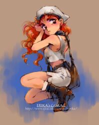 1girl aozaki_touko archived_source bag belt boots breasts brown_background brown_boots collar copyright_request from_side hands_in_hair hat lace-up_boots long_hair messy_hair red_eyes red_hair retro_artstyle satchel shibata_masahiro shorts simple_background singlet sleeveless small_breasts socks solo squatting watermark wavy_hair web_address white_hat white_shorts white_socks wispy_bangs