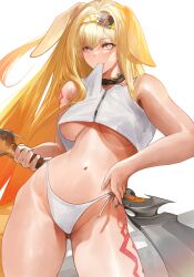 1girl absurdres animal_ears arknights bare_shoulders blonde_hair blue_eyes blush brigid_(arknights) commentary cropped_shirt english_commentary gradient_hair highres holding holding_weapon leg_tattoo long_hair looking_at_viewer mouth_hold multicolored_hair navel orange_hair panties shirt side-tie_panties simple_background sleeveless sleeveless_shirt solo tattoo underwear weapon white_background white_panties white_shirt yuki_flourish