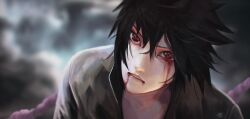1boy black_hair black_shirt blood blood_from_mouth blood_on_face bloody_tears blurry blurry_background hair_between_eyes highres lips looking_at_viewer male_focus naruto_(series) nose open_clothes open_shirt shirt short_hair solo symbol-shaped_pupils tamelee teeth uchiha_sasuke