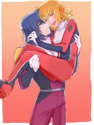1boy 1girl athrun_zala blonde_hair blue_hair blush cagalli_yula_athha carrying closed_eyes couple green_eyes gundam gundam_seed gundam_seed_freedom highres kimi88407604 mecha_pilot_suit princess_carry short_hair smile