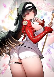 Rule 34 | 1girl, ass, astra yao, black hair, breasts, cowboy shot, dress, earrings, finger to mouth, fingernails, from behind, hairband, highres, holding, jacket, jewelry, large breasts, long hair, looking at viewer, parted lips, red eyes, red jacket, shirt, smile, solo, very long hair, white dress, white hairband, white shirt, zasshu, zenless zone zero, zoom layer