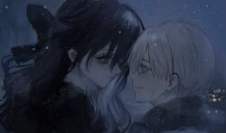 1boy 1girl akai_ringo_(eveyuno) black_dress black_hair bow dress hair_bow highres long_hair looking_at_another original red_eyes snowing white_hair