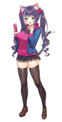 1girl absurdres alternate_breast_size alternate_costume animal_ear_fluff animal_ears artist_name black_hair black_thighhighs blue_jacket blush bow bowtie breasts buttons cardigan cat_ears cat_girl cat_tail cellphone closed_mouth collared_shirt commentary_request dress_shirt drill_hair drill_sidelocks female_focus finger_to_mouth green_eyes hair_bow highres holding holding_phone jacket karyl_(princess_connect!) legs legs_apart loafers long_hair long_sleeves looking_at_viewer medium_breasts multicolored_hair open_clothes open_jacket panties phone pleated_skirt pn_(wnsl216) princess_connect! purple_cardigan school_uniform shirt shoes side-tie_panties side-tie_peek sidelocks simple_background skindentation skirt smartphone solo standing streaked_hair striped_bow striped_bowtie striped_clothes sweat tail thick_thighs thighhighs thighs twintails underwear upskirt waist_down white_background white_hair white_shirt wing_collar zettai_ryouiki