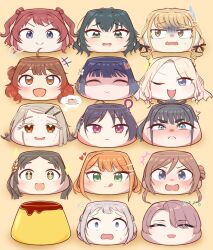 Rule 34 | 6+girls, :q, ?, ahoge, amaya tsubame, arimura mao, black hair, blonde hair, blue eyes, blush, braid, brown eyes, brown hair, closed eyes, closed mouth, colored eyelashes, comedic sweatdrop, commentary, constricted pupils, fang, flying sweatdrops, food, foodification, fujita kotone, gakuen idolmaster, green eyes, green hair, grey hair, hair bun, hair ornament, hairclip, hanami saki, hanami ume, hataya misuzu, highres, himesaki rinami, idolmaster, juo sena, katsuragi lilja, kuramoto china, looking at viewer, looking to the side, mashiro yu, multiple girls, one eye closed, open mouth, orange eyes, orange hair, parted bangs, partially shaded face, pink hair, ponytail, psycho orb, pudding, purple hair, red hair, shinosawa hiro, shiun sumika, short hair, single side bun, skin fang, smile, speech bubble, star-shaped pupils, star (symbol), symbol-shaped pupils, tears, teeth, thought bubble, tongue, tongue out, tsukimura temari, twin braids, two side up, upper teeth only, yellow background, yellow eyes