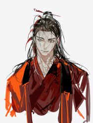 1boy 41067378 absurdres black_eyes black_hair blood blood_on_clothes blood_on_face blood_on_neck blood_splatter chinese_clothes chinese_commentary coat dao_gui_yi_xian fang grey_background hair_bun hair_ornament hair_stick hanfu highres li_huowang long_hair looking_at_viewer male_focus messy_hair realistic red_coat red_eyes red_hanfu red_pupils simple_background single_hair_bun sketch solo upper_body white_background